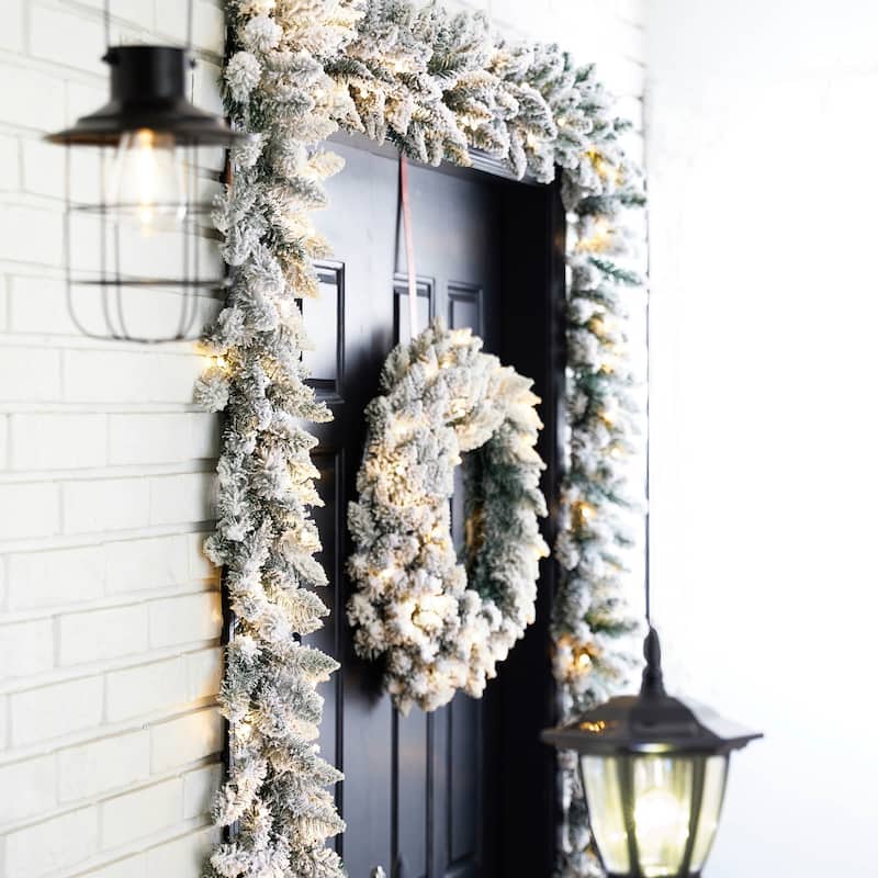 Glitzhome 24"D Pre-Lit Christmas Wreath Matched 2pk 9ft Garland Set