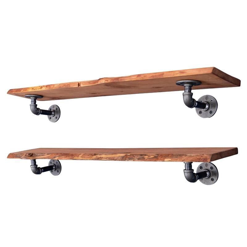 PIPE DECOR Live Edge Reclaimed Wood Shelf with Industrial Pipe Brackets, Set of 2 - 36 in. - Sunset Cedar