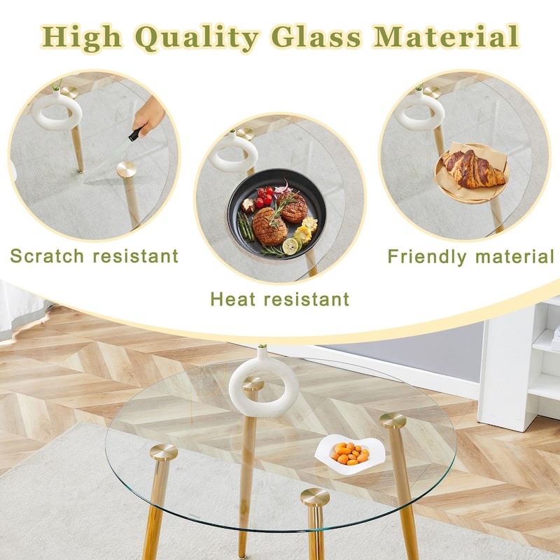 Roomfitters Round Glass Dining Table with Gilded Metal Legs for Elegant Dining Living Room or Small Spaces, Transparent