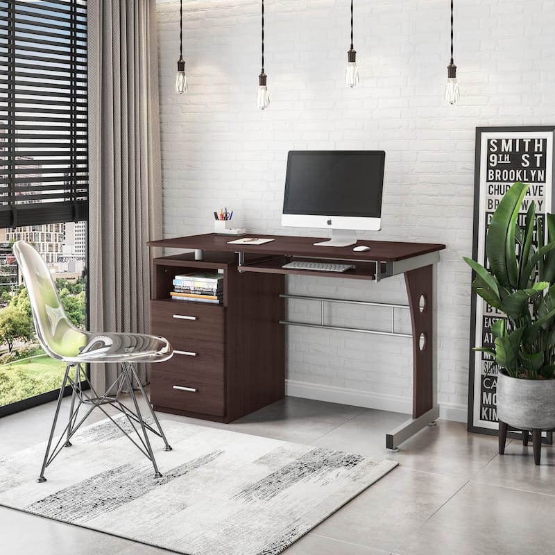 Computer Desk with 3 Drawers and Pull Out Keyboard Panel - Brown