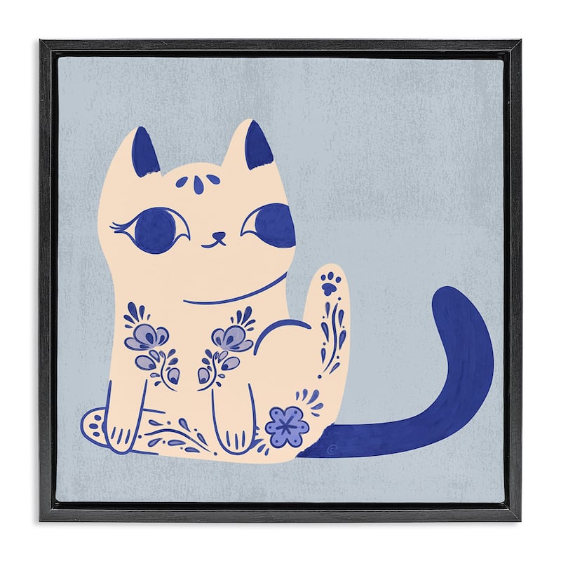 Stupell Ornate Floral Cat Framed Floater Canvas Wall Art Design By Carrie Cantwell - 25 x 25 - Black