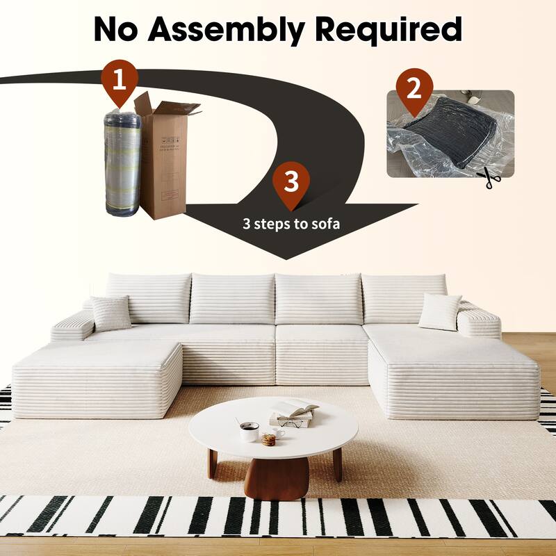 U Shaped Modular Sectional Sofa with Ottoman & Chaise, Corduroy Upholstered Boneless Couch, Corner Deep Seat Compressed Sofa