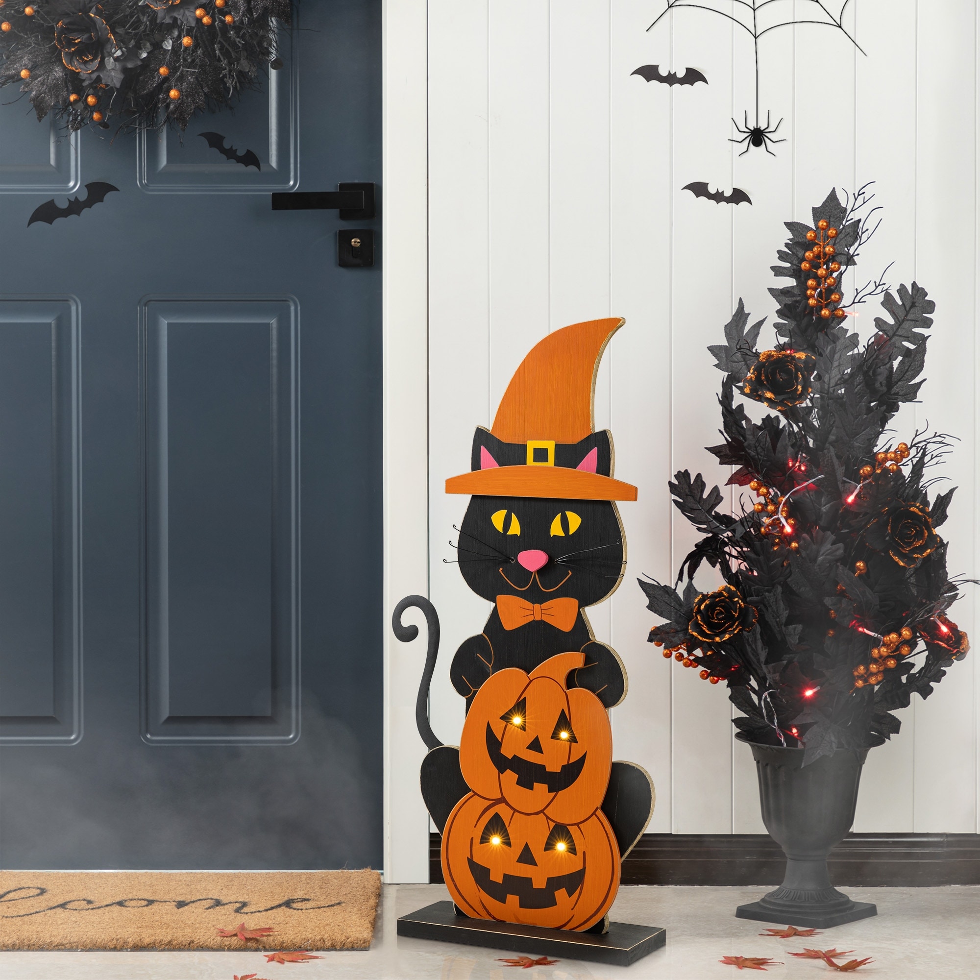 Glitzhome 30"H Halloween Wooden Lighted Witch Cat Porch Decor w/Timer