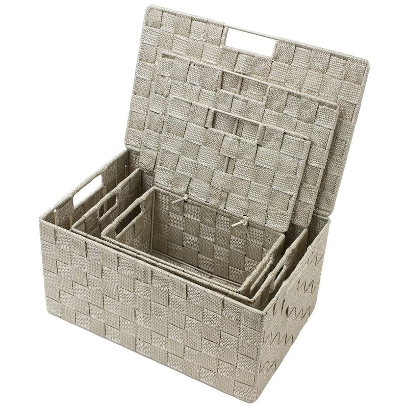 Storage Box Woven Basket Bin Container Tote Cube Organizer Set Stackable Shelf Organizer Built-in Carry Handles (3-Piece)