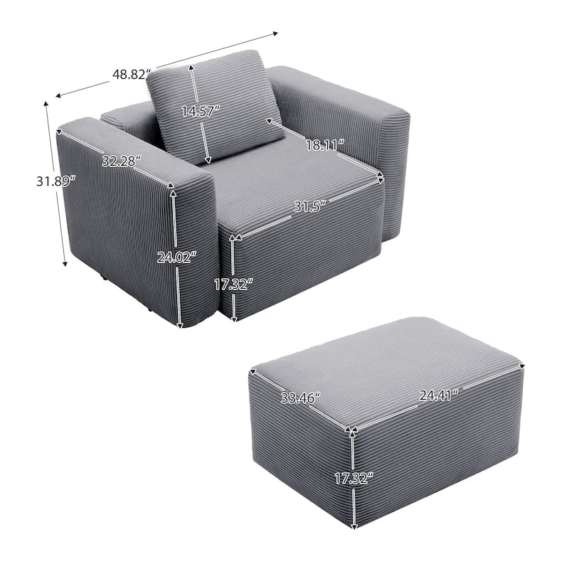 Corduroy Sectional Modular Sofa with Square Arms & Ottoman Extension for Flexible Arrangements
