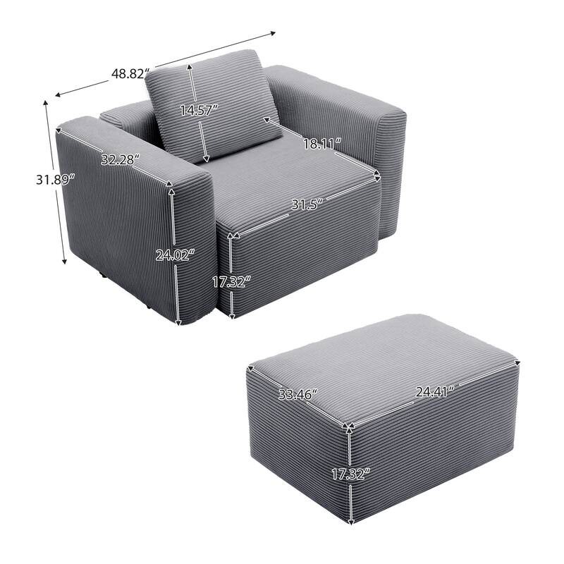 Corduroy Single Sofa Chair with a Large Ottoman, Square Arms & Ottoman Extension