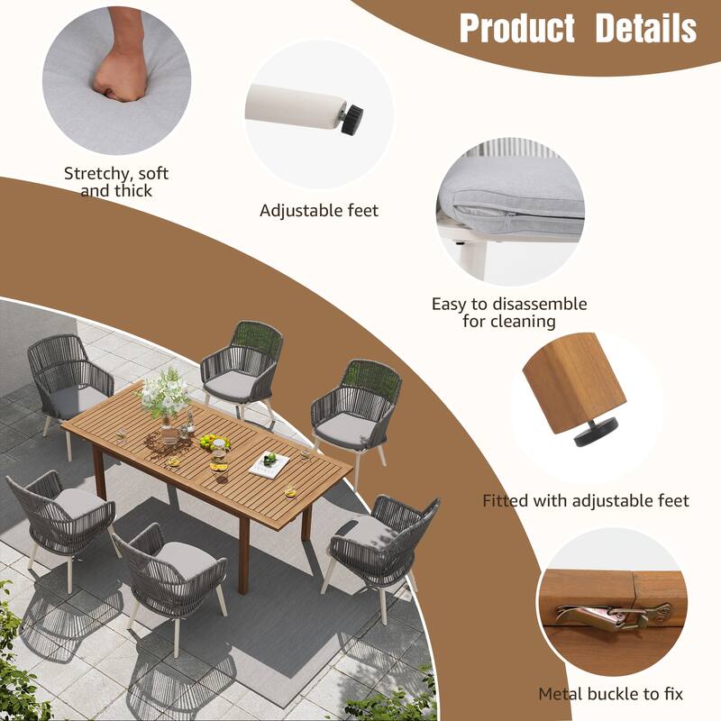 Outdoor Patio Dining Set PE Wicker Arm Chair and Extendable Dining Table (7-Piece Set)