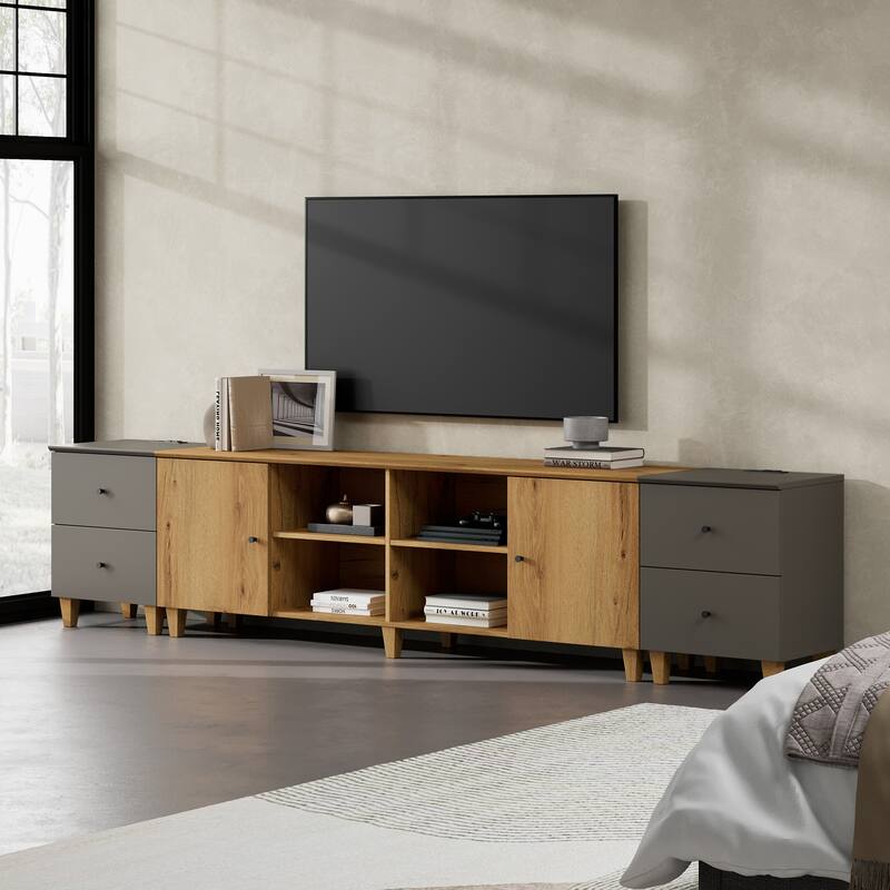 TV Stand & Charging End Tables Set for 100" TVs with Drawers & Doors