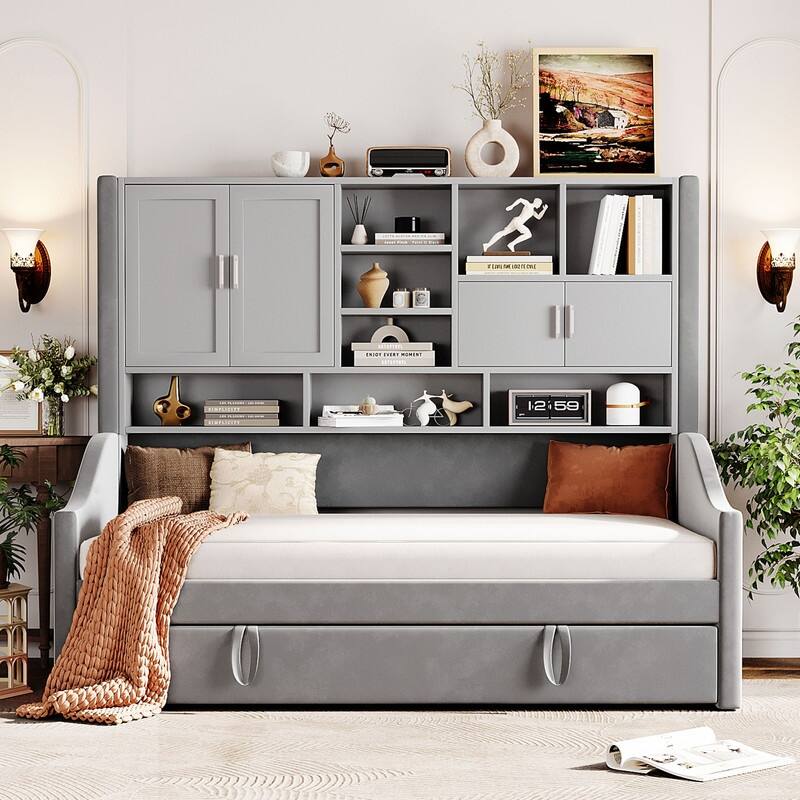 Twin Size Upholstered Daybed with LED Armrest Lights, Shelves & Cabinets, Twin Trundle