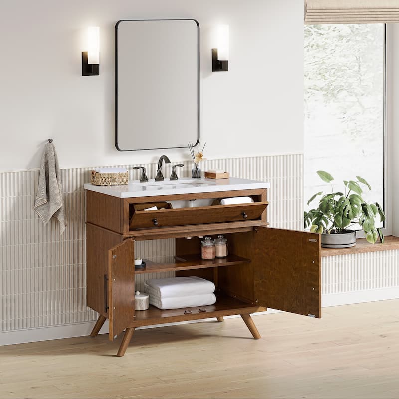 Mid-Century Modern 37” Cinnamon Brown Wood Single Bathroom Vanity