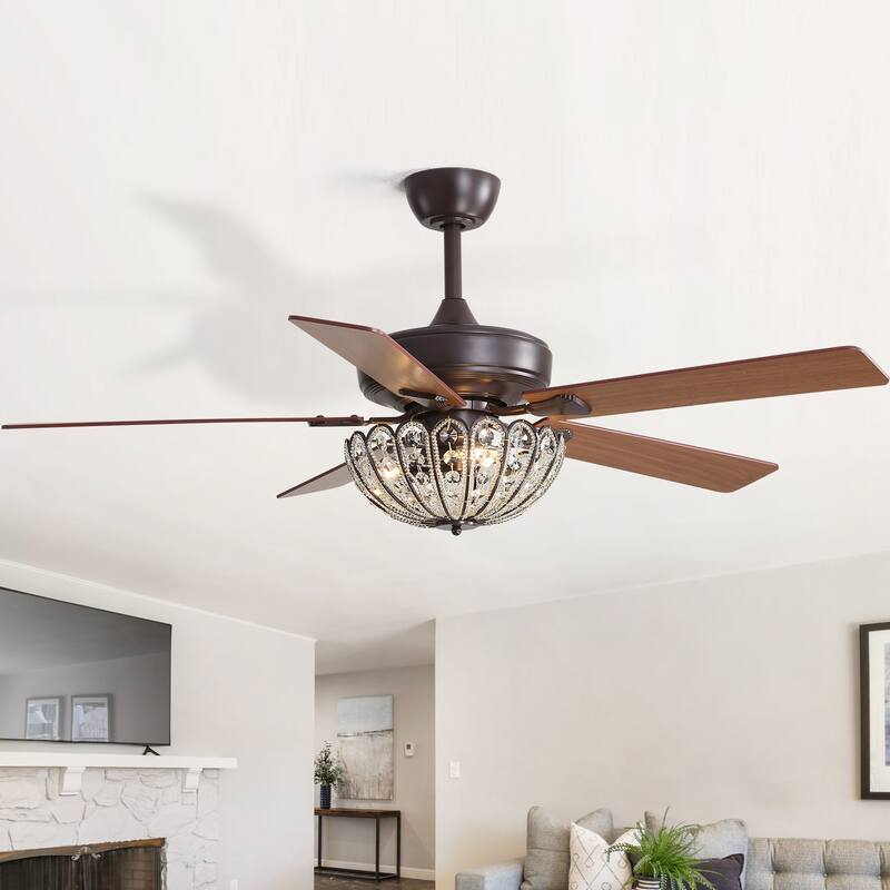 Sofucor 52" Ceiling Fan with Light Remote, Classical Crystal Chandelier fan, 5 Blades & Reverse Airflow, Black - Style B