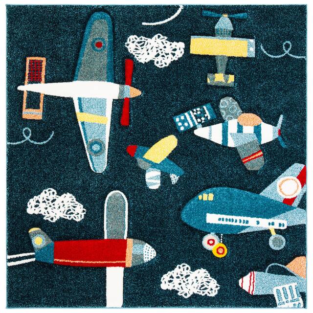 SAFAVIEH Carousel Kids Ardak Airplane Rug - 5'3" x 5'3" Square - Navy/Ivory