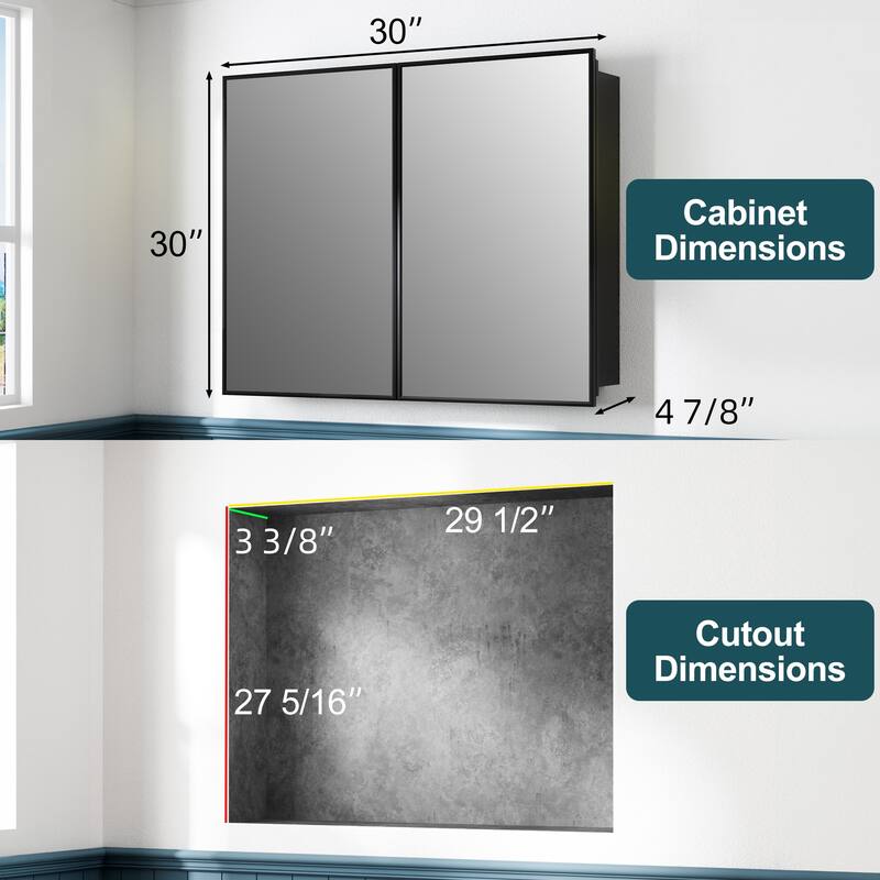 Elise Iron Medicine Cabinet with Mirror, Adjustable Shelves, Recessed or Wall Mount