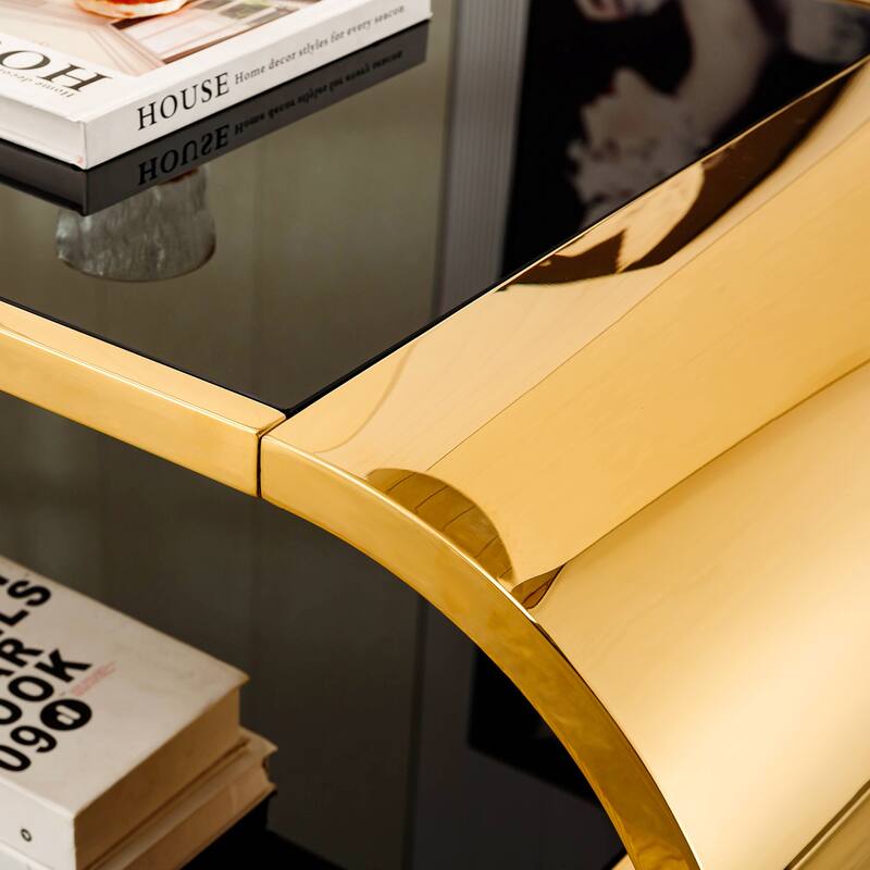 Modern Oval 2-Tier Coffee Table End Table with Gold Stainless Steel Frame, Accent Table Dining Table with Tempered Glass