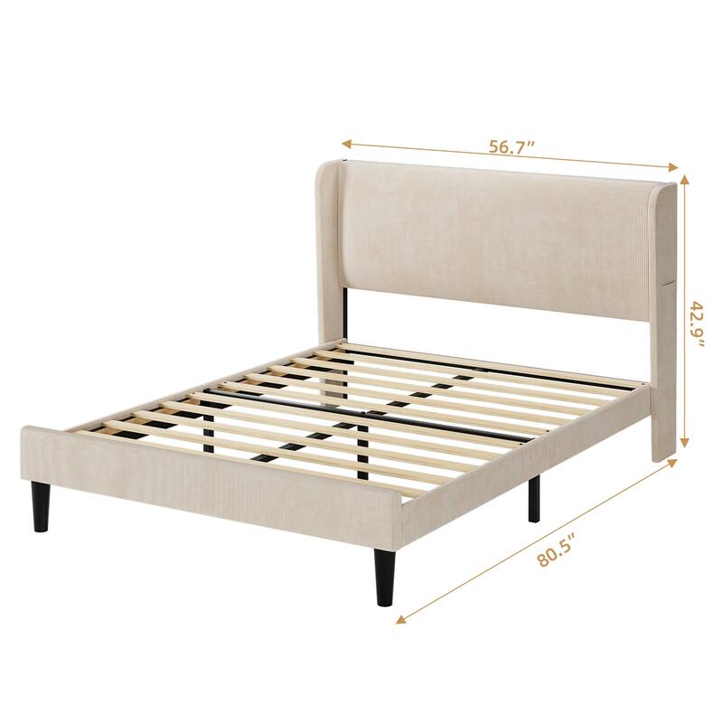 Velvet Bed Frame Full Size with Wingback Headboard and Storage Pockets