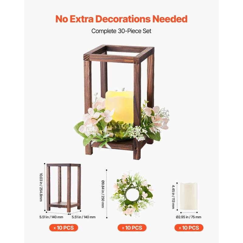 Wooden Wedding Lantern Set with LED Candles and Eucalyptus Wreath Rustic Cedar Table