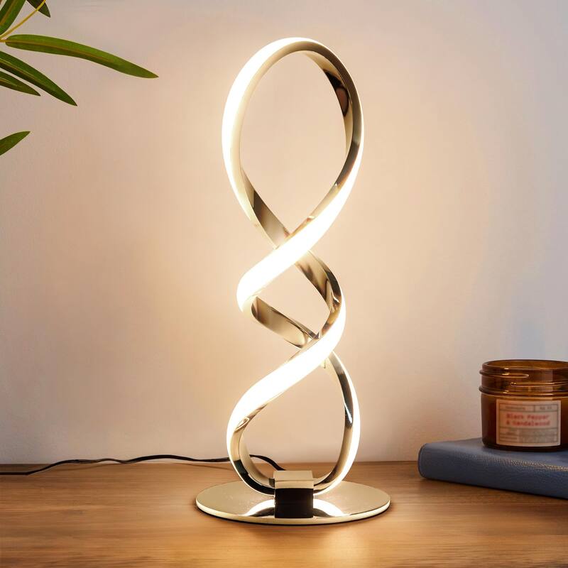 LED Modern Table Lamp, Small Unique Bedside Spiral Lamp Stepless Dimmable Silver Nightstand 12W, 3200K Warm White Desk Lamp - White