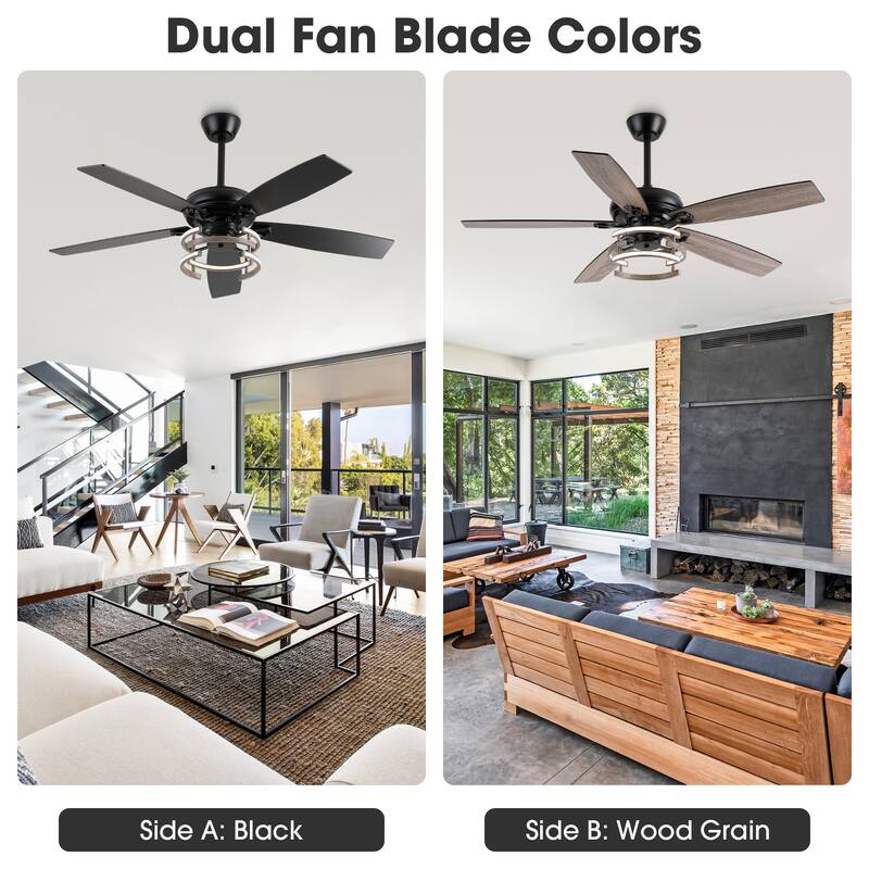 52" Farmhouse Matte Black Reversible Integrated LED Dimmable Reversible Ceiling Fan with Light and Remote