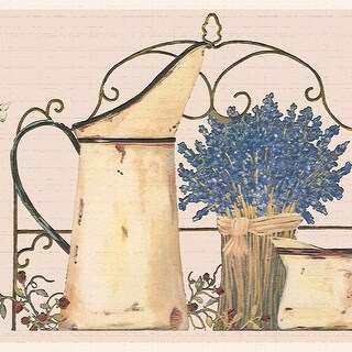 Cream, Blue Flowers in Pots Peel and Stick Wallpaper Border 15 ft X 7 ...