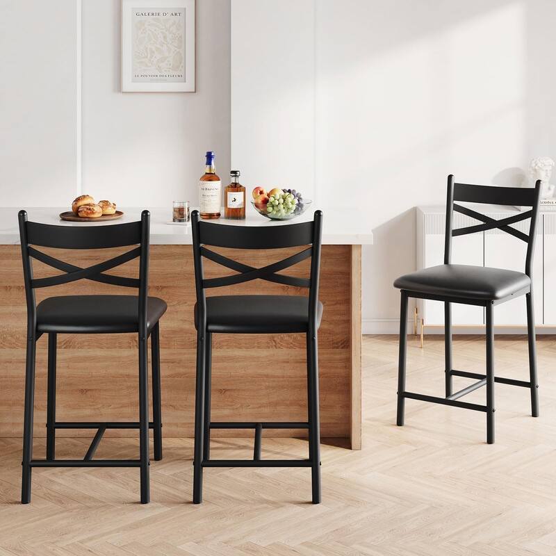 Metal Counter Height Bar Stools with X-Back & PU Leather Cushion, Waterproof Dining Chairs for Kitchen or Restaurant
