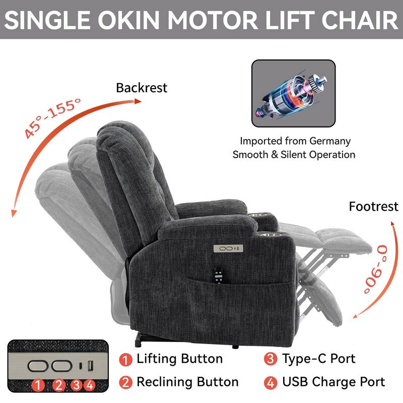 Grey Large Power Lift Recliner with Massage, Heat, USB, and Cup Holders
