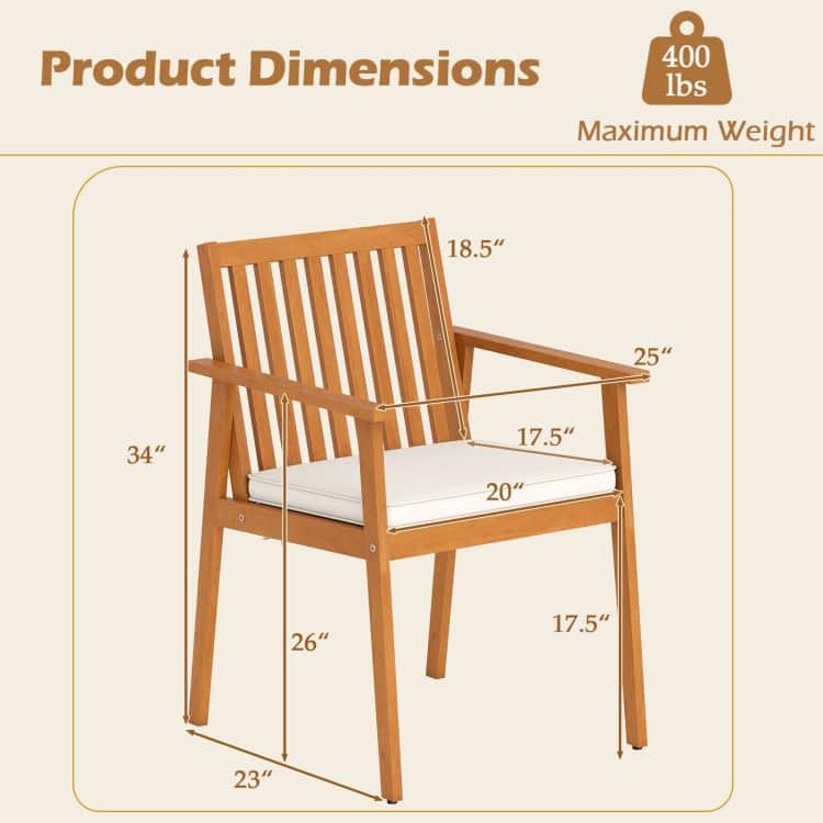 Natural Oak Acacia Wood Outdoor Dining Chairs Set of 2 with Cushions Set - 25" x 23" x 34" (L x W x H)