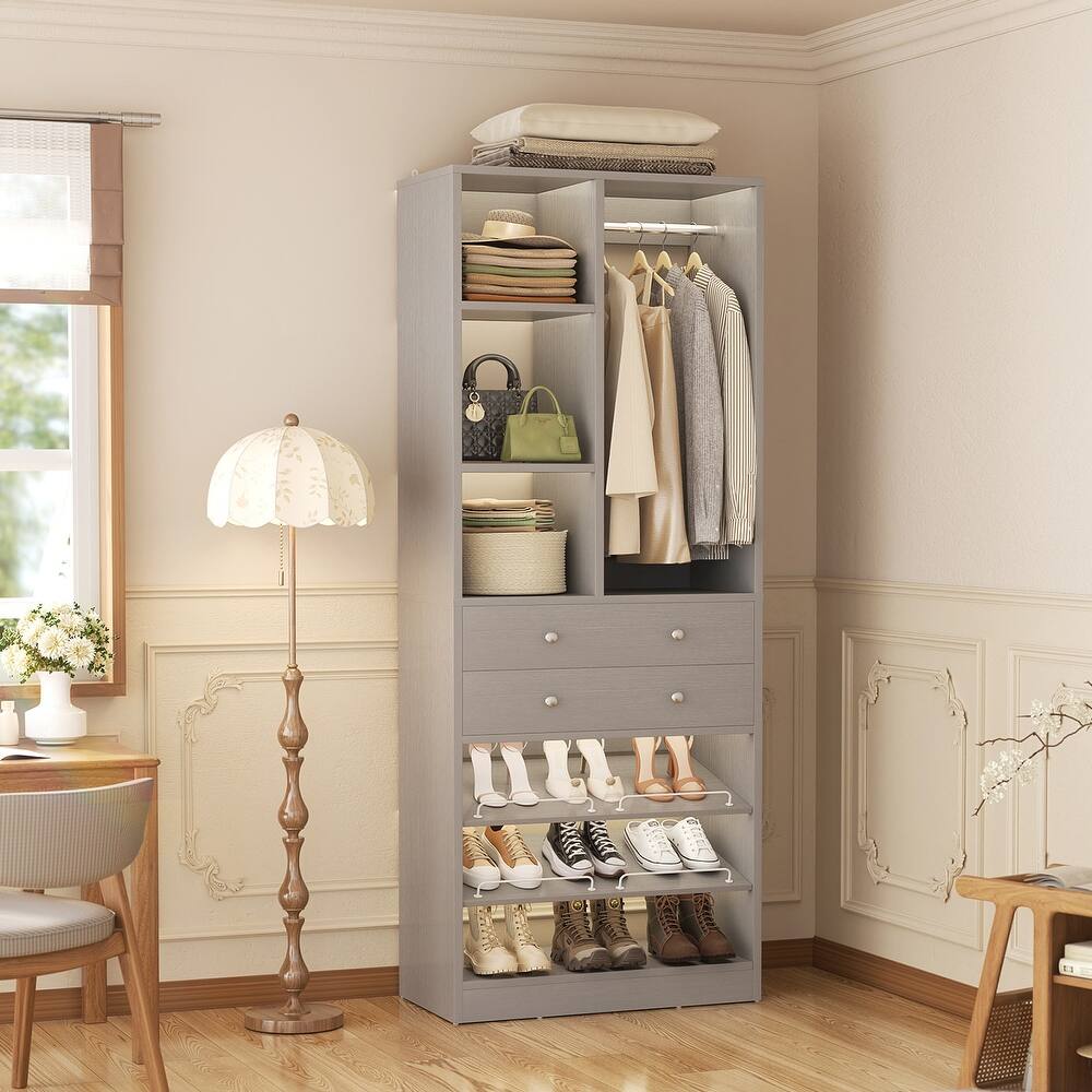 Grimm 28'' Closet Organizer with Shoe Racks and Drawers, Closet System with Hanging Rod and Adjustable Shelves