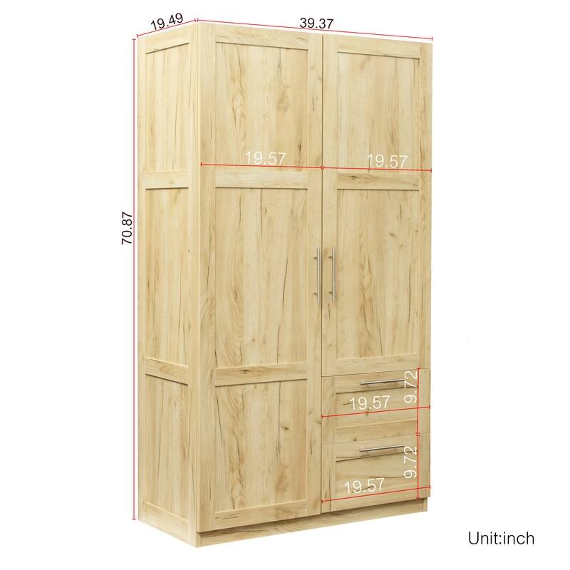 Traditional wooden wardrobe 2 door locker with 2 drawers, adjustable shelves and adult hanging rods, metal handles