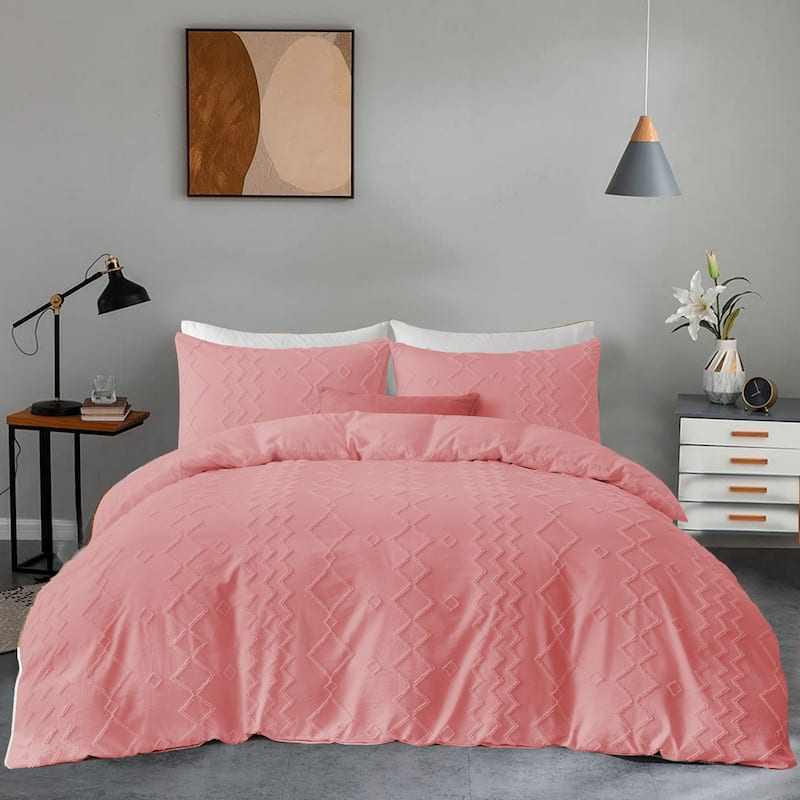 Clipped Jacquard Diamond Geometric Duvet Cover Set - Pink - King