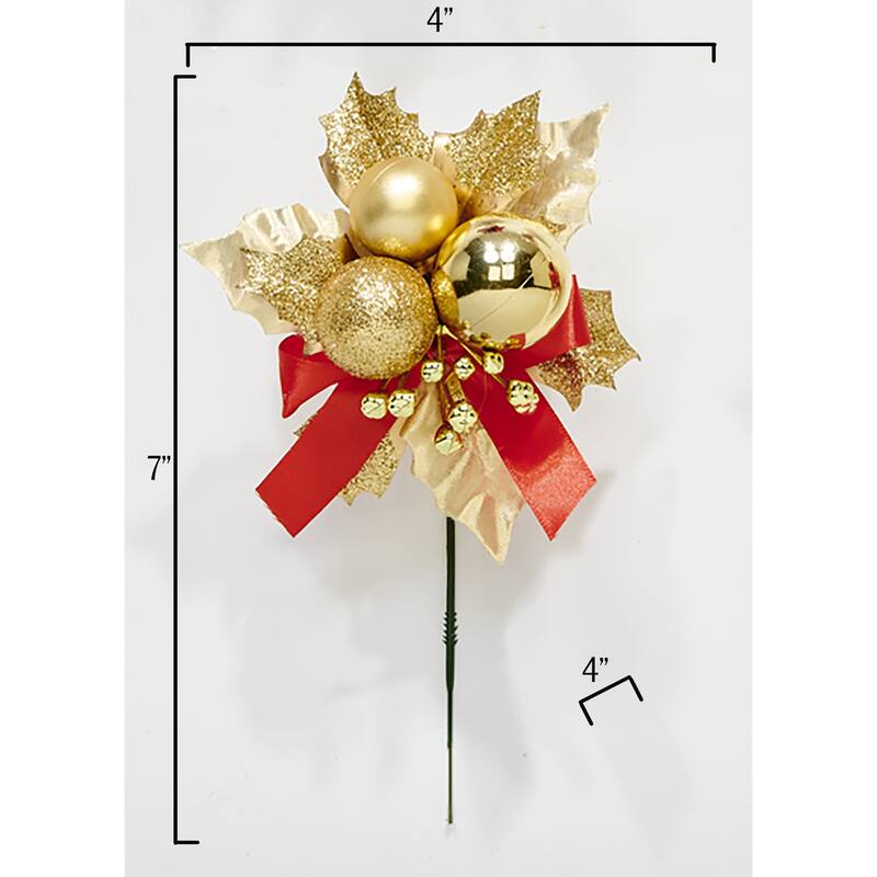 7" Christmas Ball Berry Leaves Pick, Gold, Set of 12 - 7