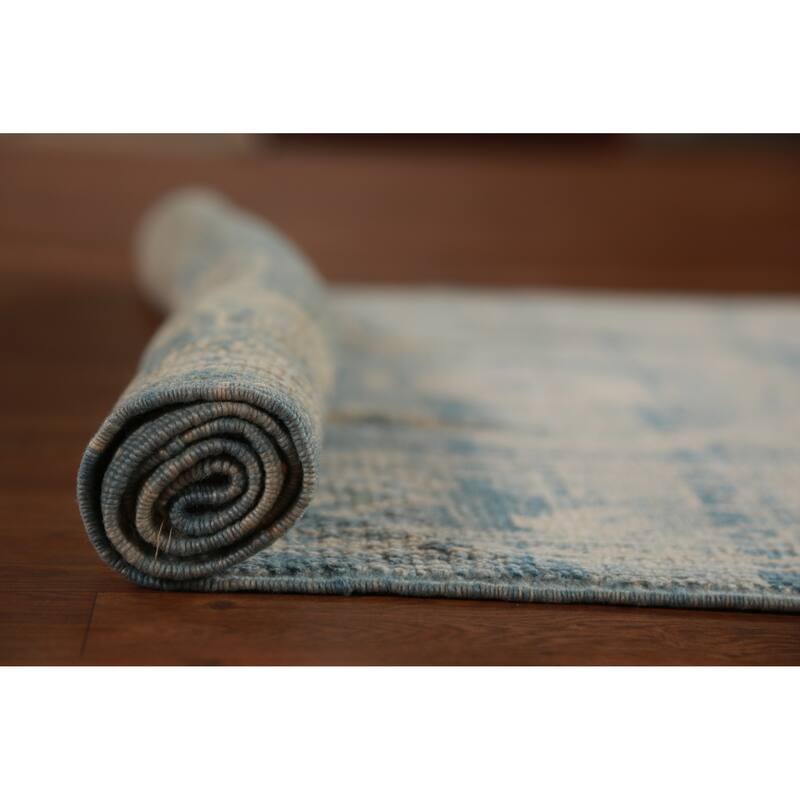 Hand Knotted Oriental 100% Wool Carpet Transitional Geometric Navy Blue & Blues Oushak Runner Rug - 14' 2'' X 3' 1''