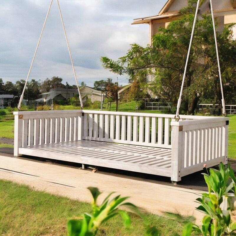 Premium Acacia Wood Patio Swing Bed with Ropes - Comfortable Outdoor Twin-Size Swing for Garden, Porch, or Backyard - White