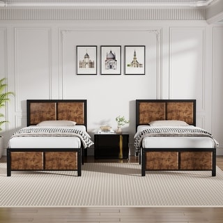 VECELO Set of 2 Platform Twin Beds 12.6" Elevated Storage Space MDF Partitioned Headboard & Footboard No Box Spring Needed
