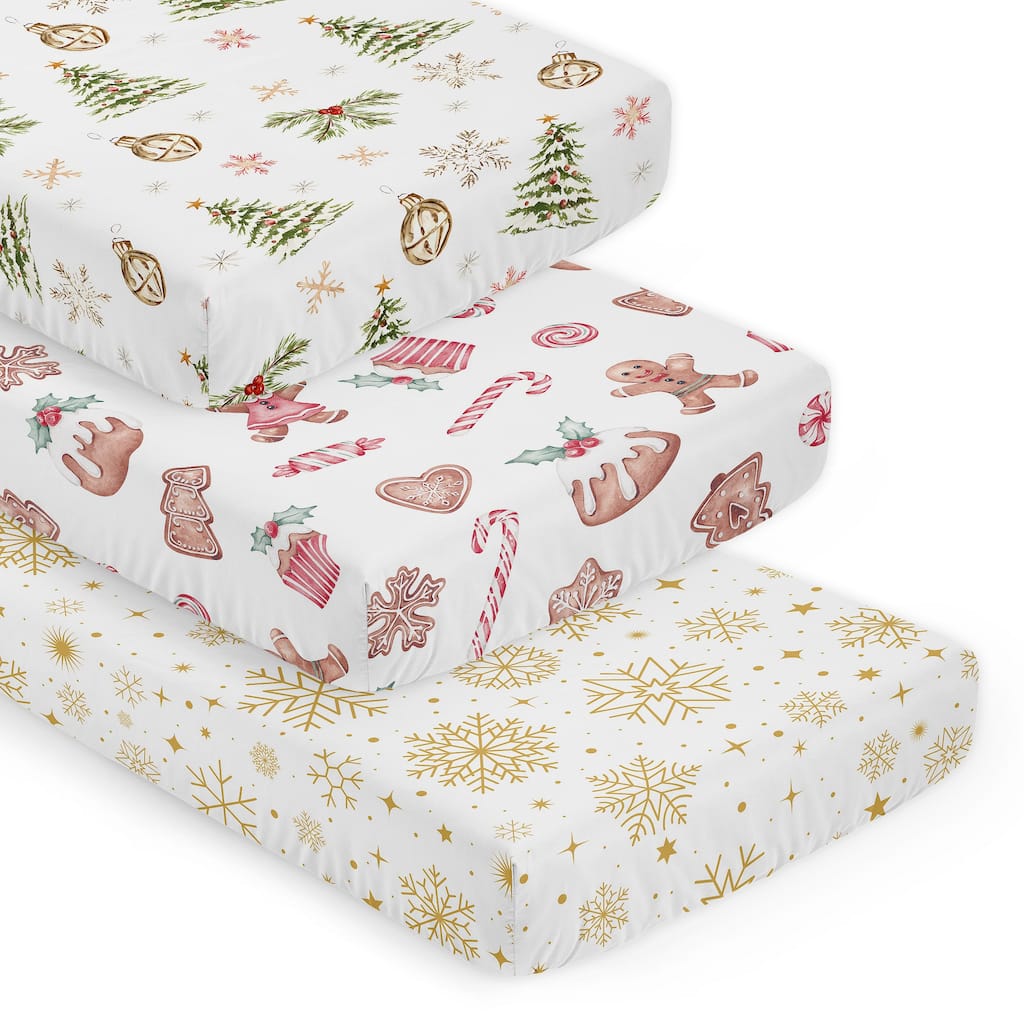 Sweet Jojo Designs Christmas Holiday Boy, Girl, Unisex/Gender Neutral 3 Pack Fitted Crib Sheets - Gingerbread, Snowflakes, Trees