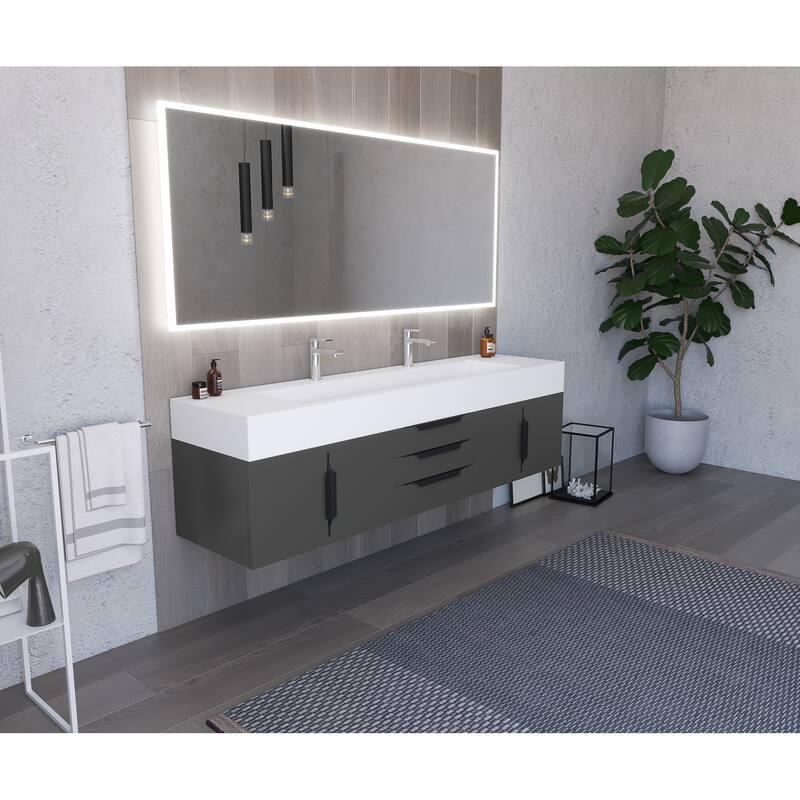Nile 72" Wall Mounted Bathroom Vanity Set w/ White Top