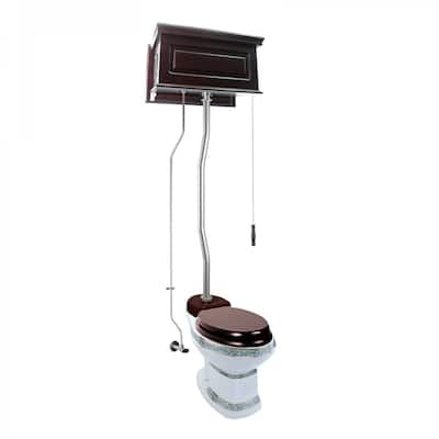 High Tank Pull Chain Toilet Dark Oak Wooden Raised Tank 59" to 74" Chrome Z Pipe and Elongated White Bowl Renovators Supply