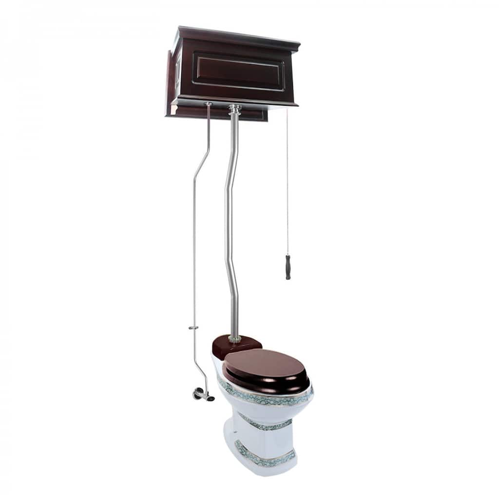 High Tank Pull Chain Toilet Dark Oak Wooden Raised Tank 59" to 74" Chrome Z Pipe and Elongated White Bowl Renovators Supply