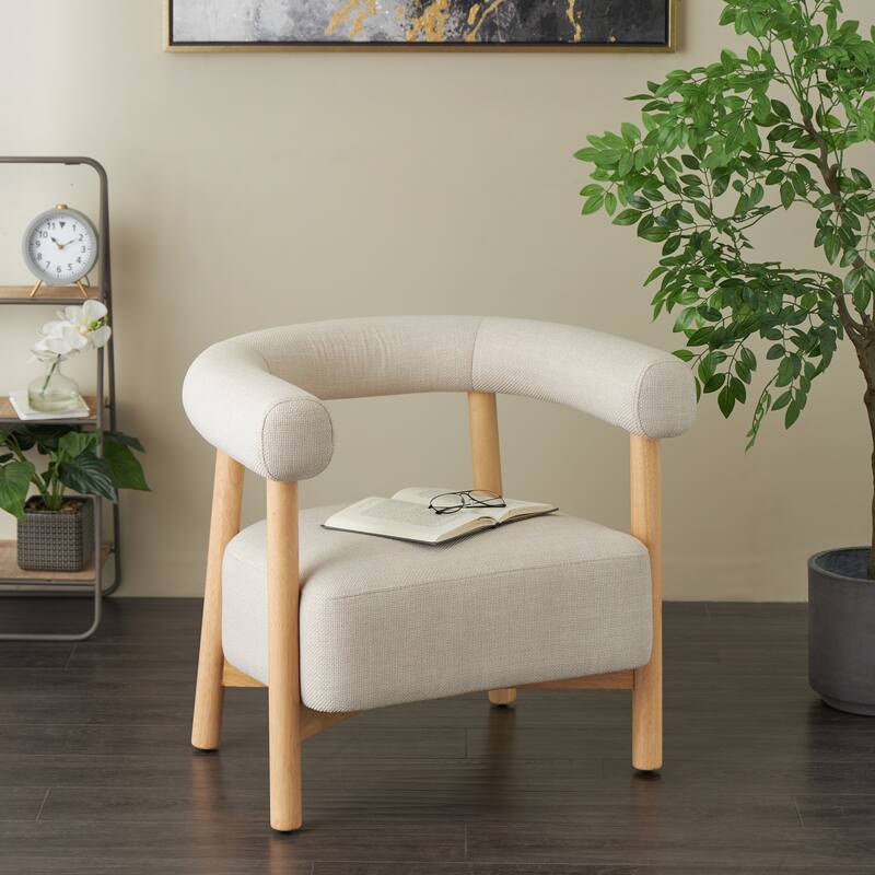 Beige Polyester Curved Back Mid Century Modern Round Boucle Living Room Accent Chair with Wood Frame - Beige