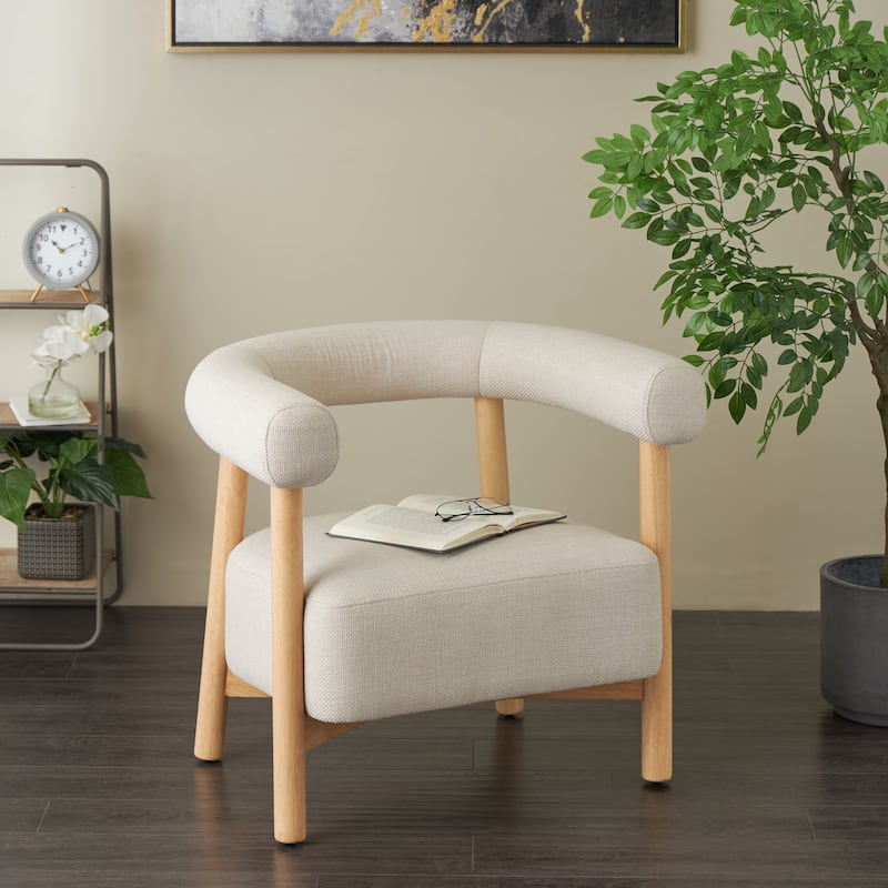 Polyester Curved Back Mid Century Modern Round Boucle Accent Chair with Light Brown Wood Frame - Beige - Roche River Decor