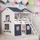 preview thumbnail 2 of 16, Full Size Bunk Bed Wood House Bed Kids Bed with Elegant Windows Sills and Tent, Blue+White
