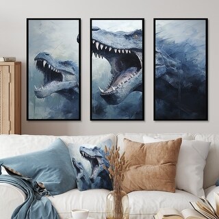 Designart "Ancient Dinosaur Blue And Grey II" Dinosaur Framed Art Set ...