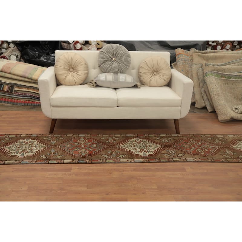 Hand Knotted Oriental 100% Wool Carpet Traditional Tribal Brown Sarab Runner Rug - 13' 9'' X 2' 2''