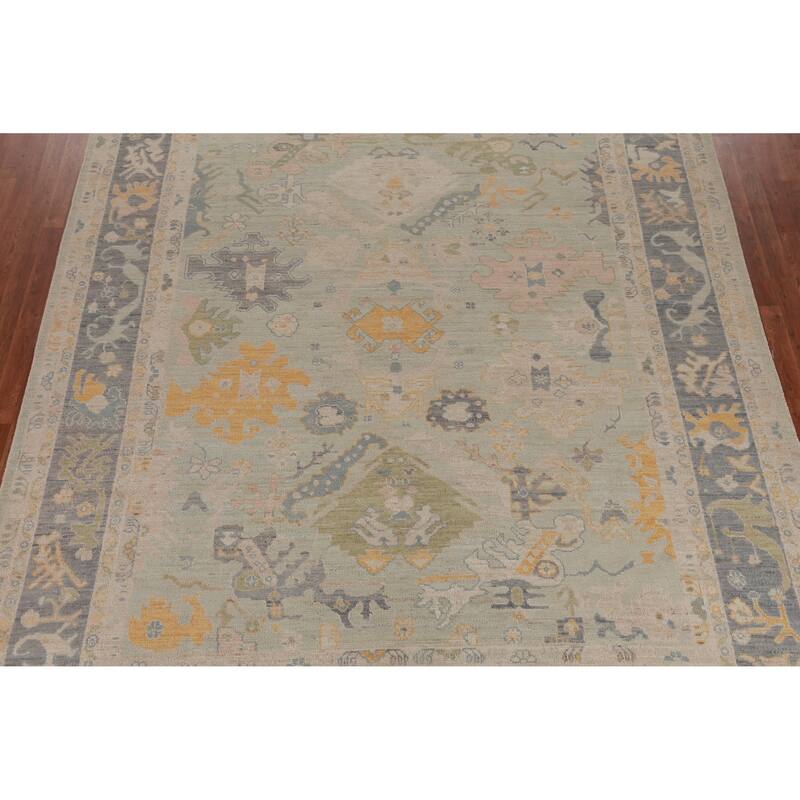 Hand Knotted Oriental 100% Wool Carpet Transitional All-Over Green Oushak Area Rug - 12' 0'' X 9' 3''