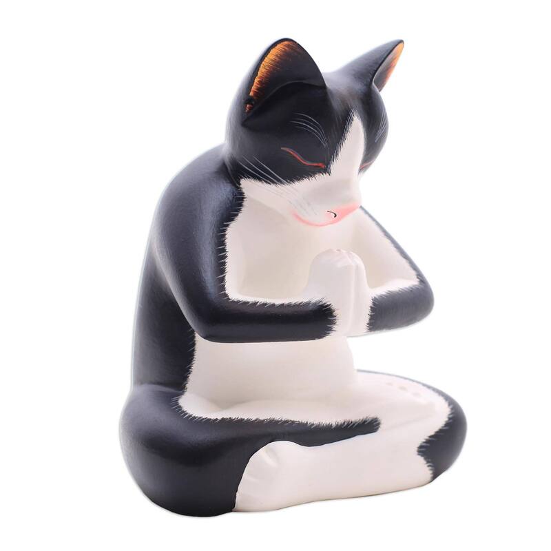 Novica Handmade Meditating Tuxedo Kitty Wood Sculpture