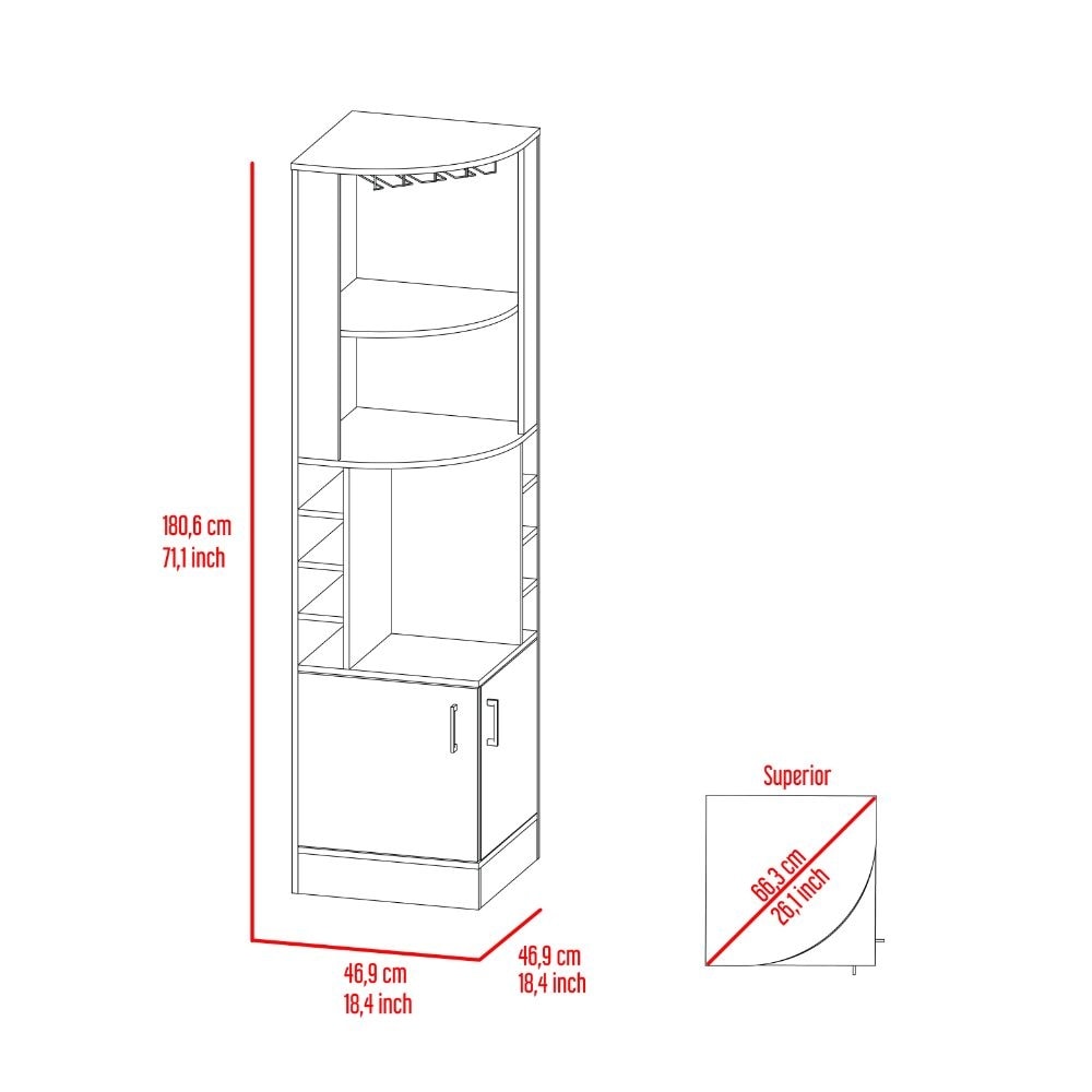 FM Furniture The Seattle Corner Bar Cabinet with 3 Open Shelves, Glass Rack, 8 Bottle Cubbies, and Double Doors