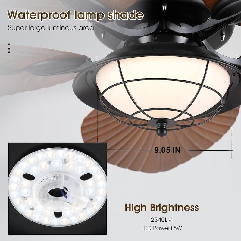 44"/52" Palm Leaf Tropical Ceiling Fan with Light,Indoor and Outdoor Ceiling Fan,Waterproof for Covered Porch
