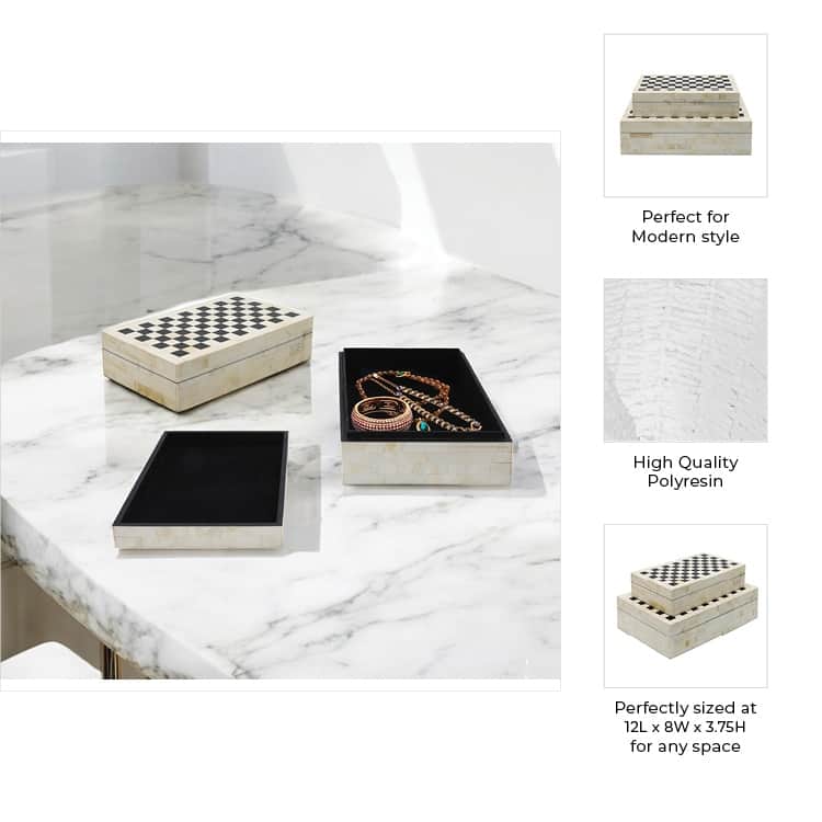 Black and White Checkered Polyresin & MDF Storage Boxes - Set of 2 - 12" x 8" x 3.75"