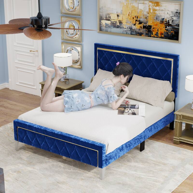 Wall Mounted Upholstered Bed Queen Blue,Padded Headboard,High-Density Padding