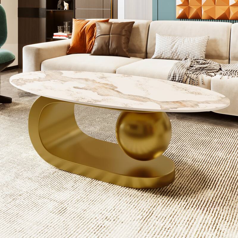 47.2" Modern Oval Coffee Table with Marble Pattern Top and Gold Stainless Steel Base - White+Gold