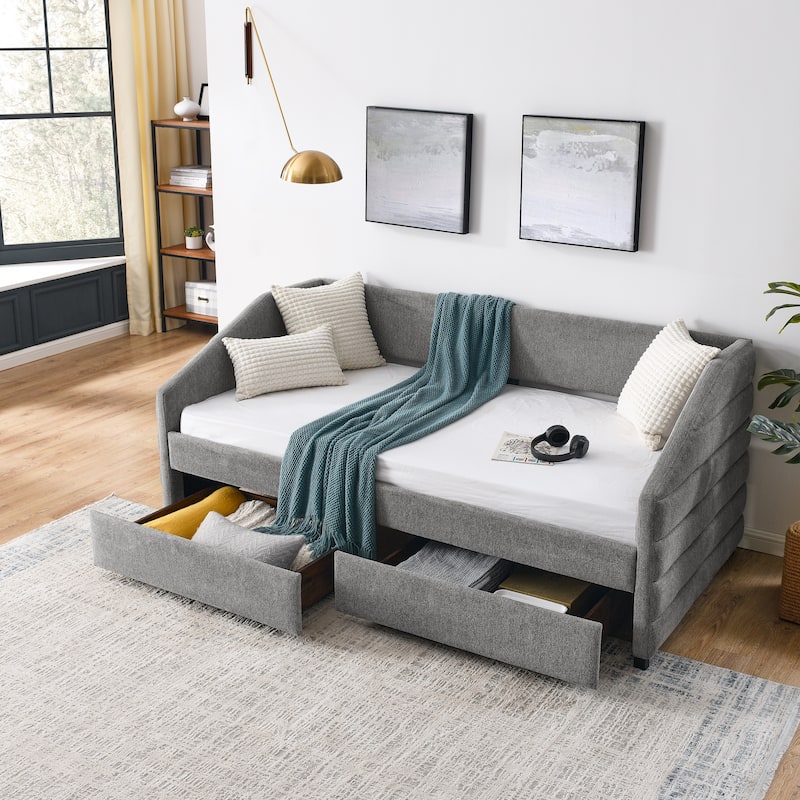 Queen Size Daybed with Two Drawers Trundle Upholstered Tufted Sofa Bed, Linen Fabric